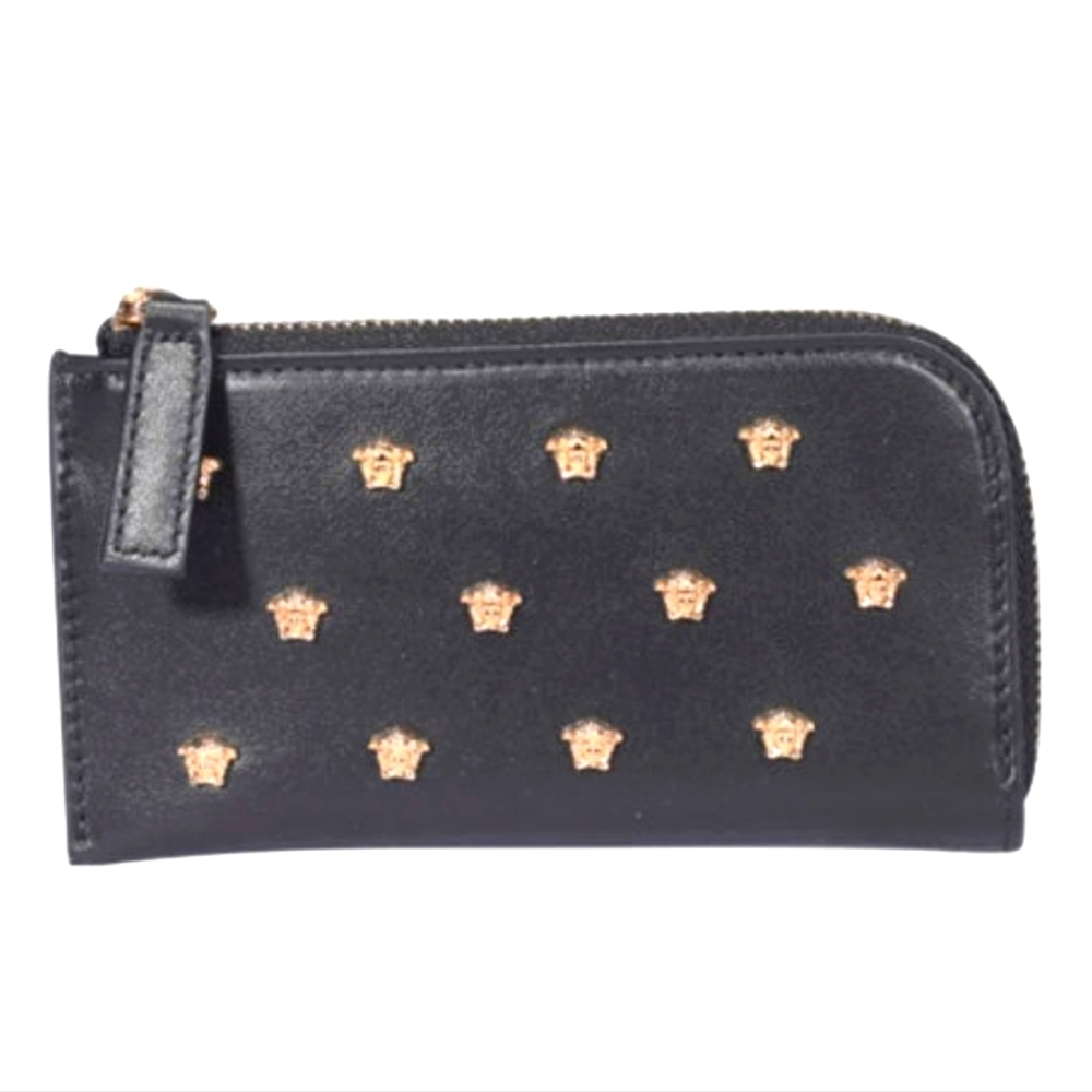 VERSACE Black All Over Medusa Stud Zip Card Holder Wallet